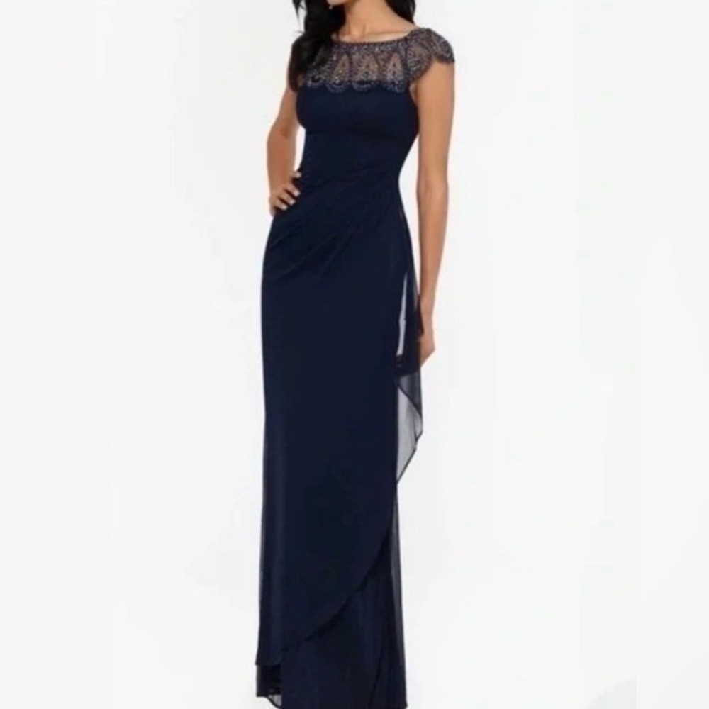 DJ-Jaz Navy Blue Beaded Mesh Yoke Formal Gown Side Drape Maxi Dress